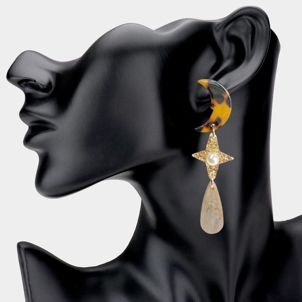 NEW Tortoise Crescent Moon Gold Star Pearl Dangle Earrings